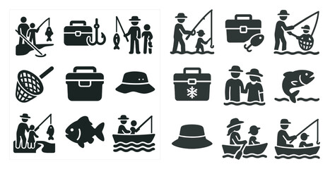 Fishing and outdoor silhouette icons set – solid, filled, angling and recreation symbols