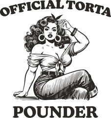 Retro Latina Illustration with Bold “Official Torta Pounder” Text – Vintage Style Chicano-Inspired Graphic Design for Humor, Apparel, Stickers, and Streetwear Culture