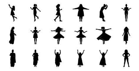 Diverse female figures in motion silhouette dancing