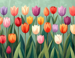 Colorful tulips blooming in a lush garden against a textured background