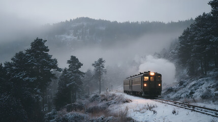 A vintage train travels through a snowy forest on a misty winter day