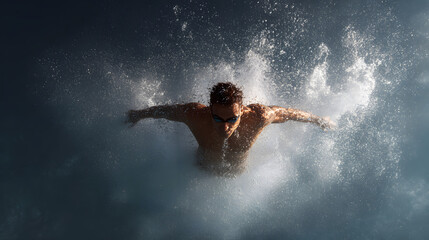 swimmer in butterfly stroke creating a splash in the water