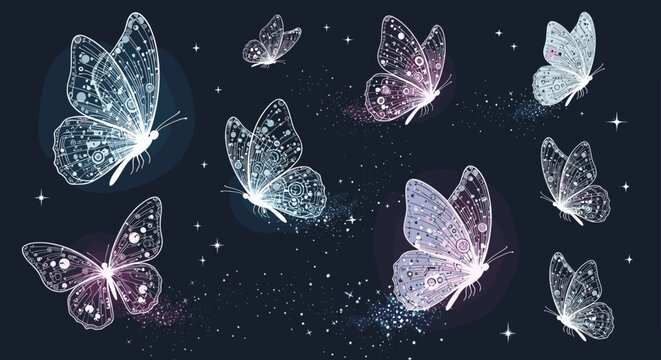 A mesmerizing swarm of ethereal glowing butterflies takes flight amidst a field of twinkling stars.