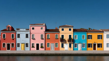 Colorful houses along a canal in Burano, Italy, under a clear blue sky