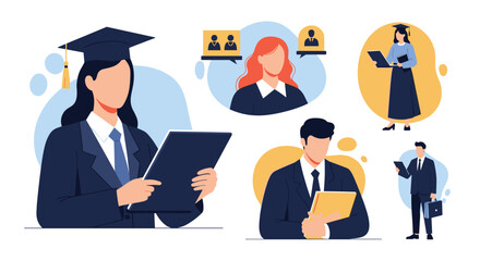 Illustrations depicting graduates and professionals in various academic and career settings.