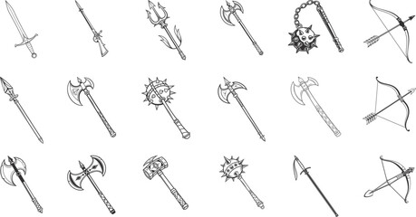 Hand-drawn medieval weapon collection in black and white. Includes swords, axes, maces, tridents, and crossbows in vintage sketch style. Perfect for fantasy, RPG, and historical design art.