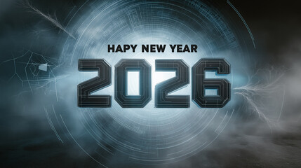 Happy New Year 2026 bold digits in digital haze futuristic typography for tech marketing
