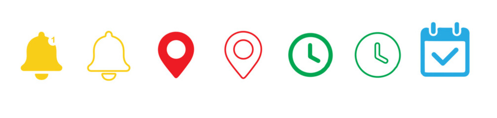 Collection of colorful icons representing notifications location time and calendar events