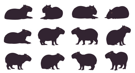 Fototapeta premium Diverse silhouettes of capybaras in various relaxed poses and stances for educational or design purposes.