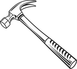 Black and white vector illustration of a fishing hook and hammer tool. Detailed hand-drawn sketch style design with clean outlines. Perfect for craft, fishing, and construction concept art.