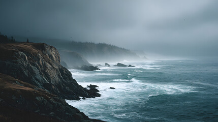 Dramatic coastal landscape with cliffs, ocean waves, and a moody sky