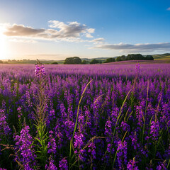 Fototapeta premium Vibrant Purple Flower Field at Sunrise with Glowing Clouds and Green Hills