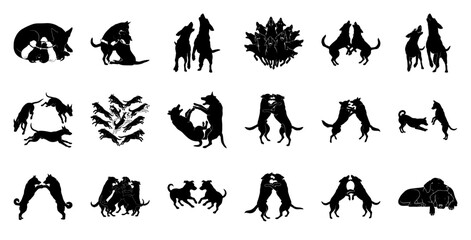 Fototapeta premium Dog silhouettes playing and howling black