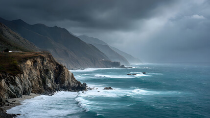 Dramatic coastal landscape with ocean waves crashing against cliffs under a stormy sky