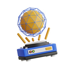 Blue device projecting a glowing golden polygonal sphere surrounded by a blue wireframe grid with yellow light beams on a transparent background © Alif