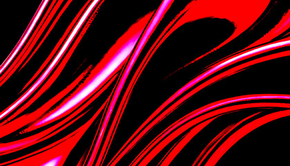 Abstract swirling red and white light trails on black background.