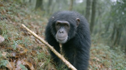 Obraz premium Chimpanzee In Natural Forest Habitat Holding A Stick. Wildlife Conservation And Primate Behavior Study