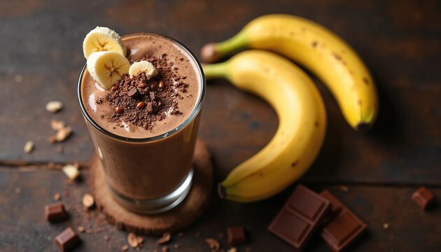 Glass of banana chocolate smoothie with fresh ripe bananas and chocolate pieces on wooden table. Healthy food, beverage concept. Tasty drink with ingredients.