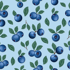 A seamless vector pattern with blueberries and twigs in a flat digital style on a soft pastel blue background. Design is suitable for modern summer commercial projects, textiles, kitchens, packaging