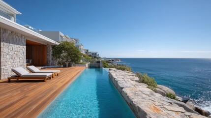 Fototapeta premium Luxury Oceanfront Villa With Infinity Pool And Sun Loungers. Coastal Retreat For Relaxation And Leisure