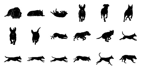 Naklejka premium Dog silhouettes various poses black white
