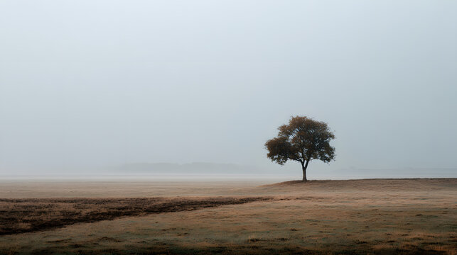 Lone tree stands in a misty field at dawn, creating a serene landscape