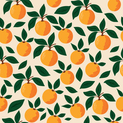 A vector pattern featuring bright, juicy oranges and green leaves on a soft pastel background. The clean, minimalist design is perfect for textiles, packaging, and various commercial applications