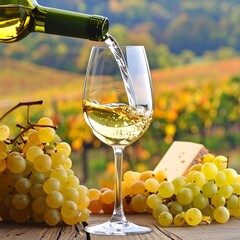 White wine being poured into a glass, surrounded by grapes and cheese