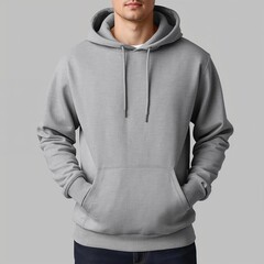 Man wearing a plain grey hooded sweatshirt with hands in pockets