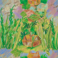 Selbstklebende Fototapeten Honig Seamless pattern landscapes painted with wax crayons. Nature, botanical print with oil pastel.  © Мария Минина