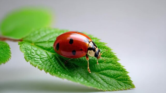 Ladybug crawls on a green leaf in a close-up shot