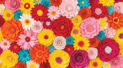 Vector art of a colorful background of paper flowers, the flowers are red, pink, yellow, orange, blue and white