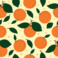 A seamless vector pattern with vibrant oranges and green leaves on a soft pastel background. The clean, minimalist flat design is perfect for textiles, packaging, and various commercial applications