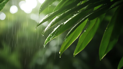 Rain falls on lush, green leaves in a dense forest, creating a serene and refreshing natural scene. Bright sunlight filters through the canopy.