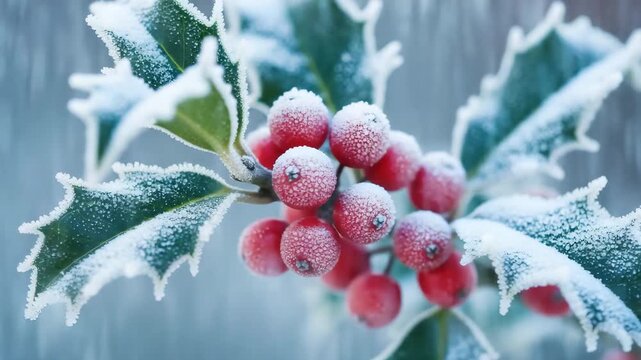 Closeup of frosted holly berries and leaves, capturing the essence of winters beauty and festive spirit