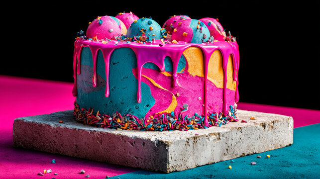 A vibrant, multi-colored cake with pink icing and colorful sprinkles on a contrasting background