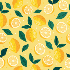 A vector pattern with lemons and lemon slices with leaves, executed in a bright flat style. Summer vibes in a yellow palette, perfect for fresh and sunny summer designs, fabrics, kitchens, packaging