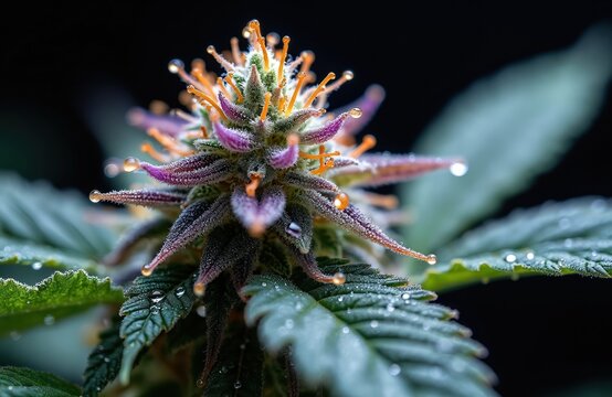 Macro image of cannabis plant. Flower buds with trichomes glistens. Water droplets on leaves. Growing marijuana for medical use. Close up of cannabis bloom, plant with resin.