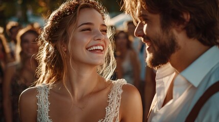 Happy bride and groom celebrating wedding day