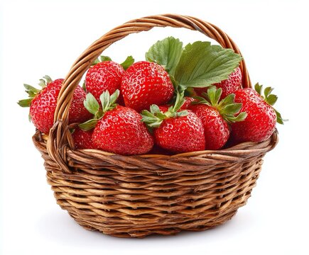 Cesto di vimini con fragole rosse e mature, su sfondo bianco trasparente.
