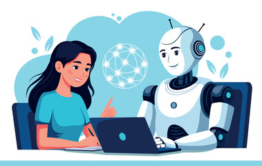 Digital Future. Vector illustration of a woman explaining or discussing something with a robot working on a laptop. Suitable for use in technology articles, AI presentations, and educational projects