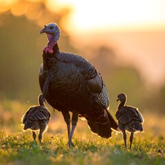 Wild turkey hen and poults at sunrise