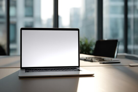 Computer portatle aperto, posto su una scrivania bianca, con lo schermo bianco acceso,  con sullo sfondo un ufficio sfocato.