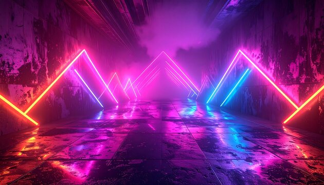 A futuristic, neon-lit tunnel with textured walls. Geometric lines create an illusory path within a smoky atmosphere