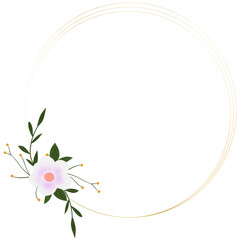 A delicate light pink and white flower with green leaves and thin gold branches arranged in the lower left corner of a thin gold circular frame, isolated on a transparent background