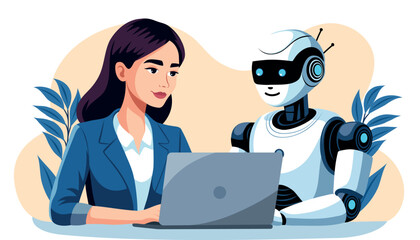 Vector illustration of a woman working on a laptop in an office, with a cute robot sitting next to her. Suitable for business presentations, articles on technology, innovation, digital transformation