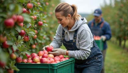 Happy woman harvests red apples in orchard. Farmer picks fresh organic fruit from tree into green crate. Man helps gather produce crop. People work together on family farm in autumn season.