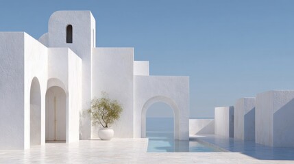 White Mediterranean Architecture With Pool Overlooking Sea. Tranquil Coastal Retreat With Minimalist Design