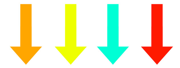 A quartet of vibrant arrows descending, isolated on transparent background, showcasing a spectrum of colors and indicating downward motion or progression in a clean design