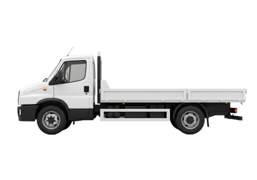 White flatbed truck side view isolated on white background